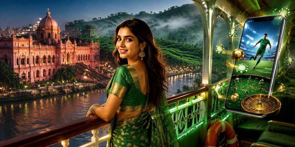 Mobile casino gaming experience in Dhaka set against a tea garden backdrop